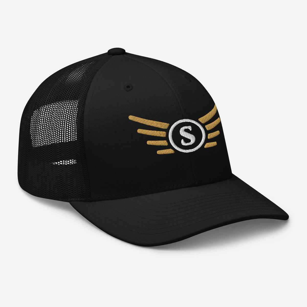 Aero Wings embroidered trucker cap, black — right front