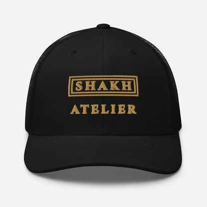 Gilded Atelier embroidered trucker cap, black — front