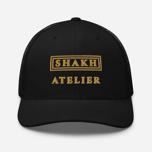 Gilded Atelier embroidered trucker cap, black — front