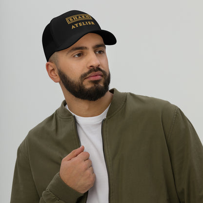 Gilded Atelier embroidered trucker cap, black — front detail