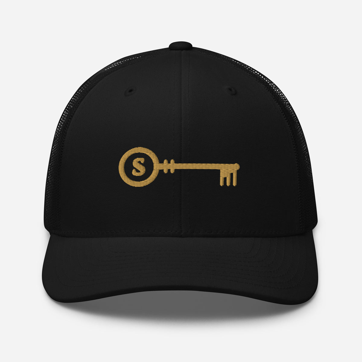 The Key embroidered trucker cap, black — front