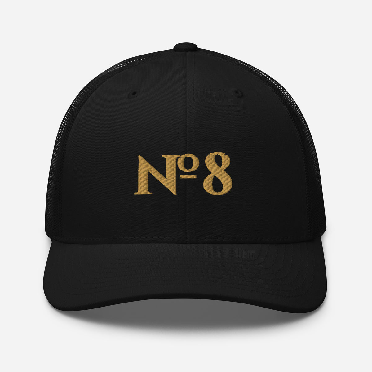 N°8 embroidered trucker cap, black — front