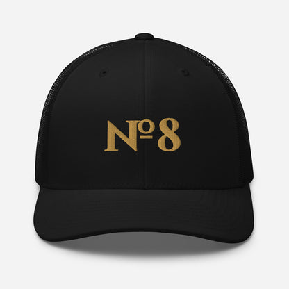 N°8 embroidered trucker cap, black — front