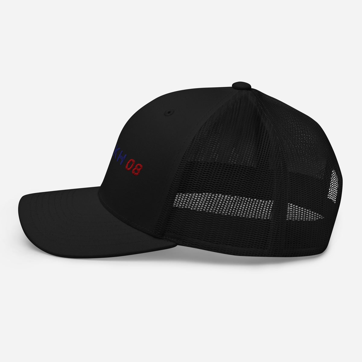 Paddock 08 embroidered trucker cap, black — left side