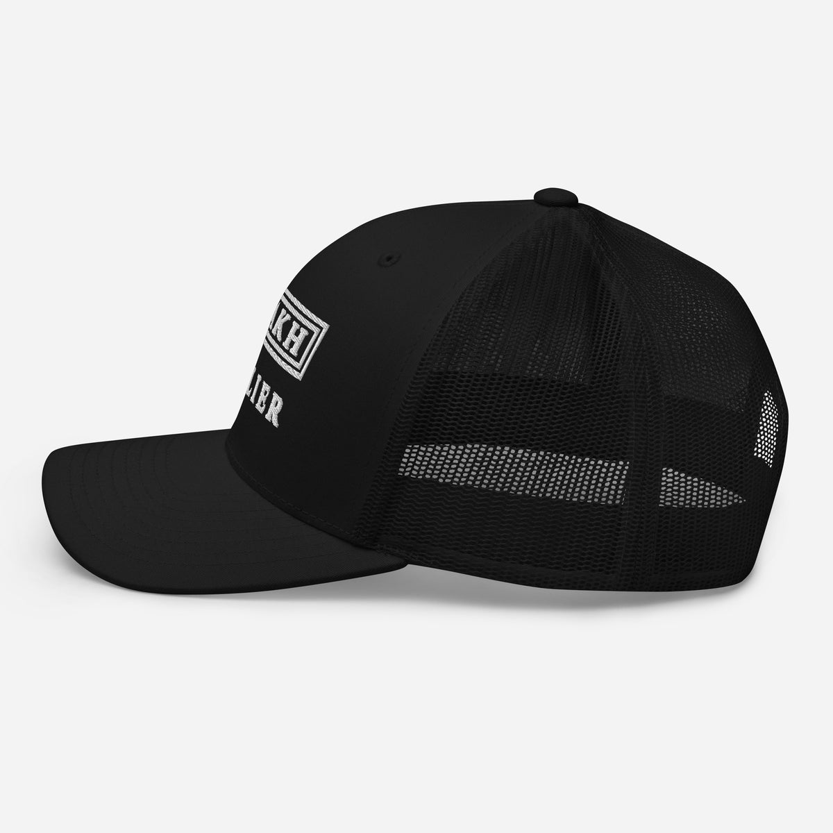 Ivory Atelier embroidered trucker cap, black — left side