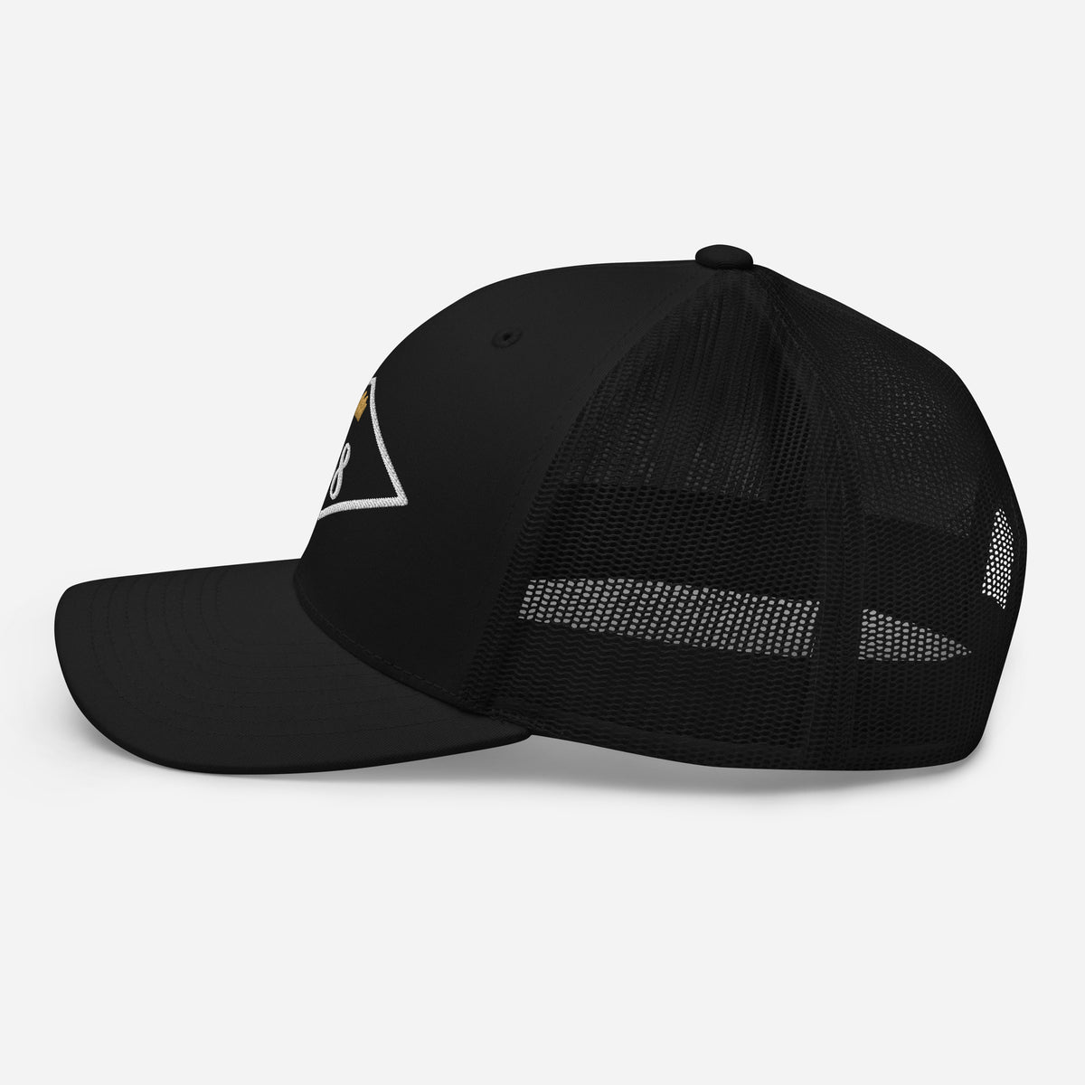 Chambre 08 embroidered trucker cap, black — left side