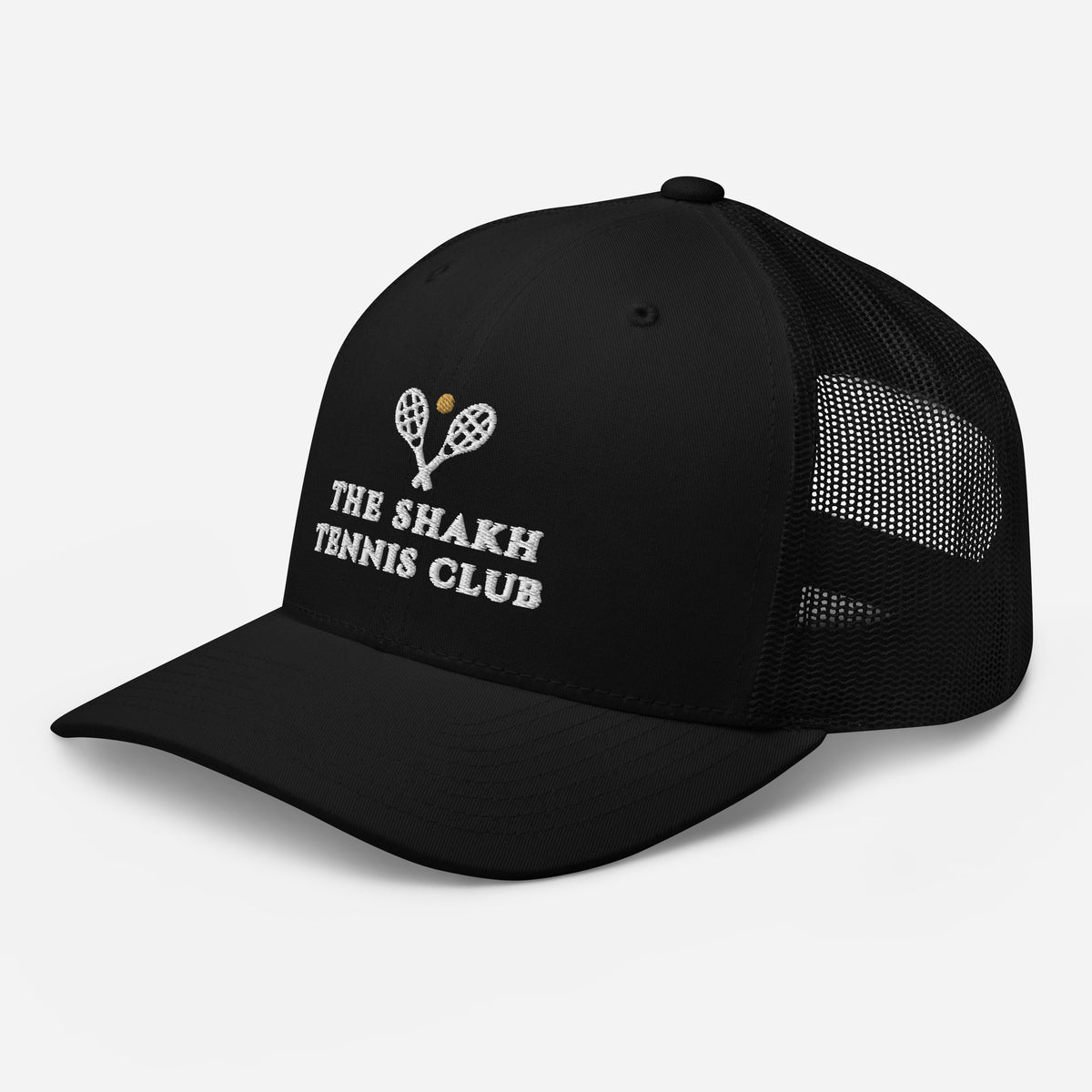 The Shakh Heritage embroidered trucker cap, black — left front