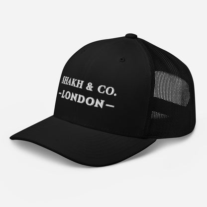 Shakh & Co. London embroidered trucker cap, black — left front