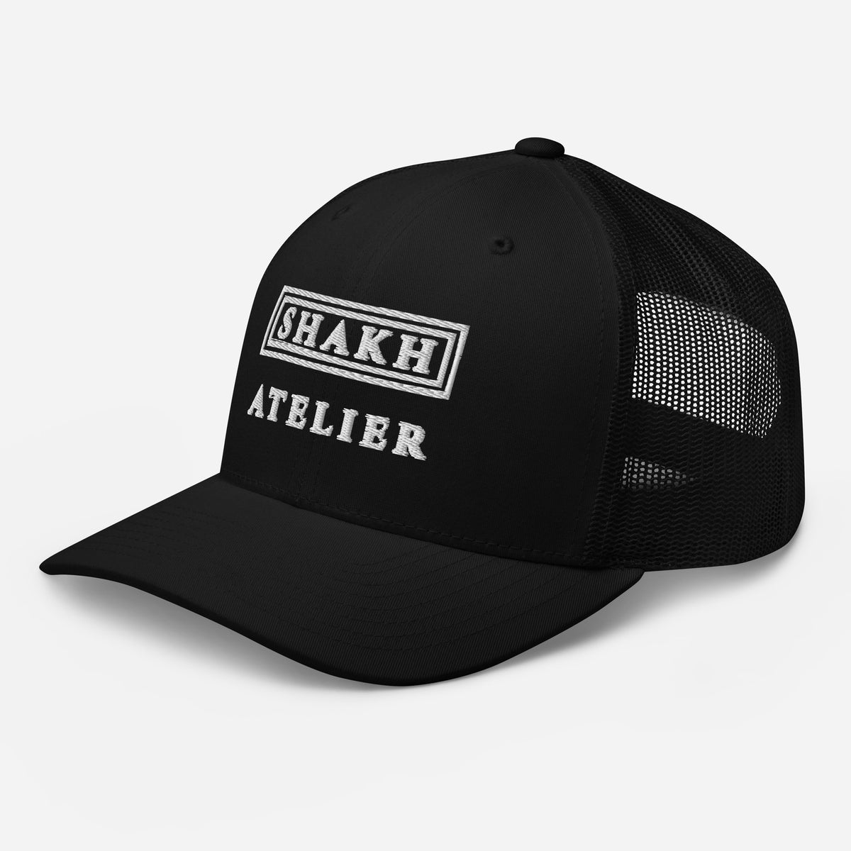 Ivory Atelier embroidered trucker cap, black — left front