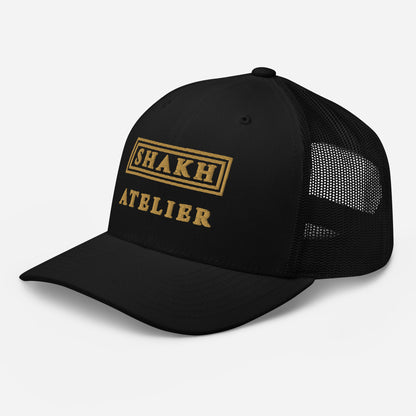 Gilded Atelier embroidered trucker cap, black — left front