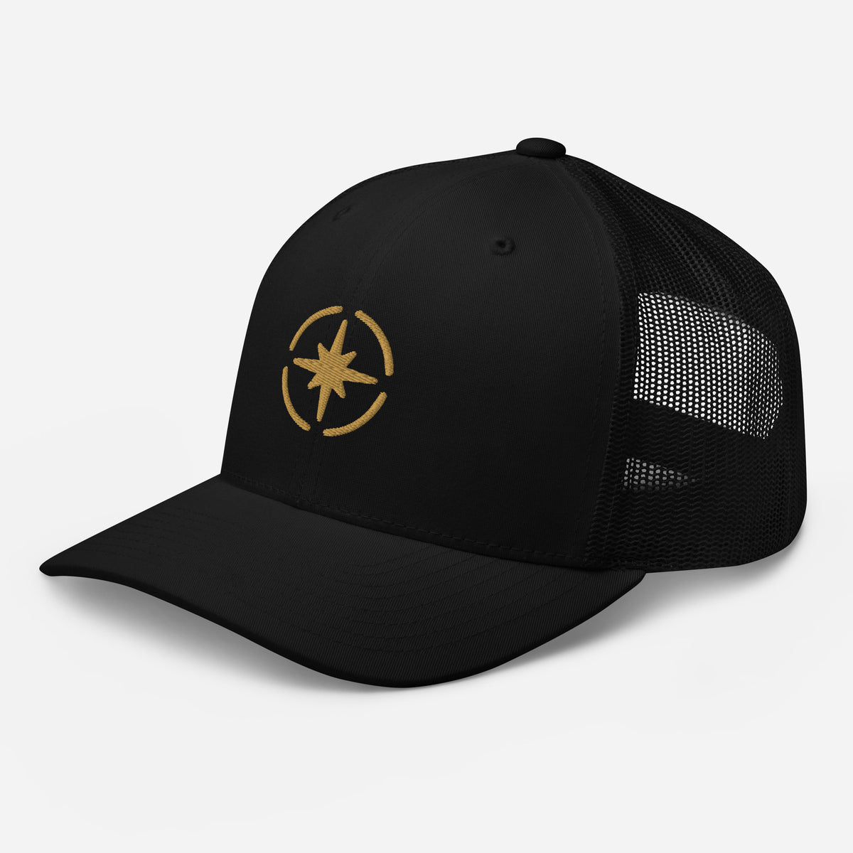 North Star embroidered trucker cap, black — left front