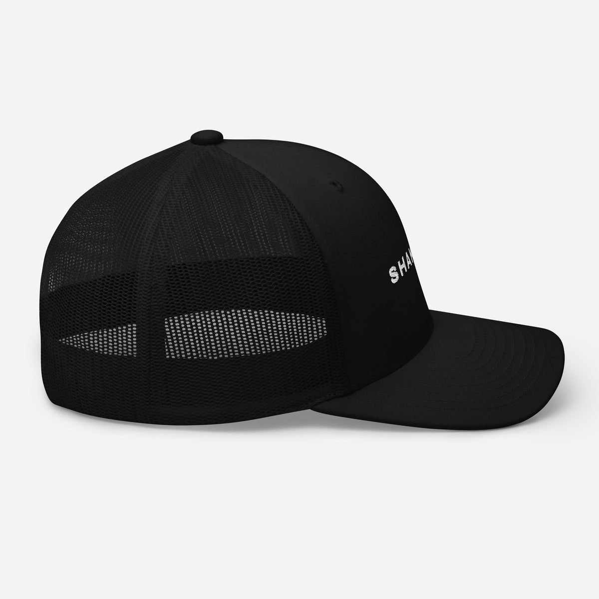 The Shakh Sovereign embroidered trucker cap, black — right side
