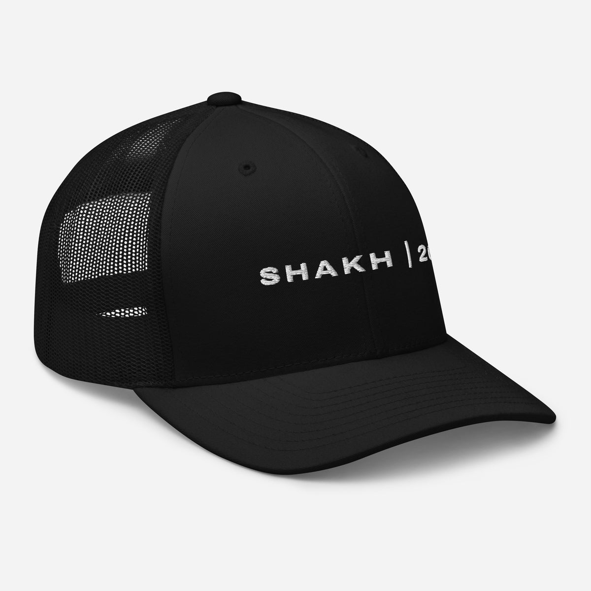 The Shakh Sovereign embroidered trucker cap, black — right front