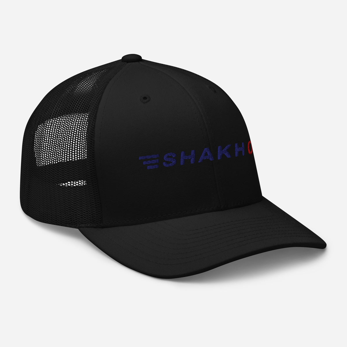 Paddock 08 embroidered trucker cap, black — right front