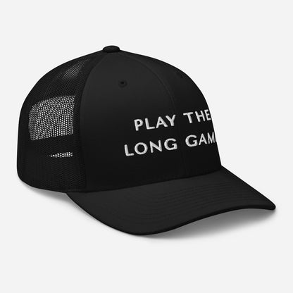 The Long Game embroidered trucker cap, black — right front