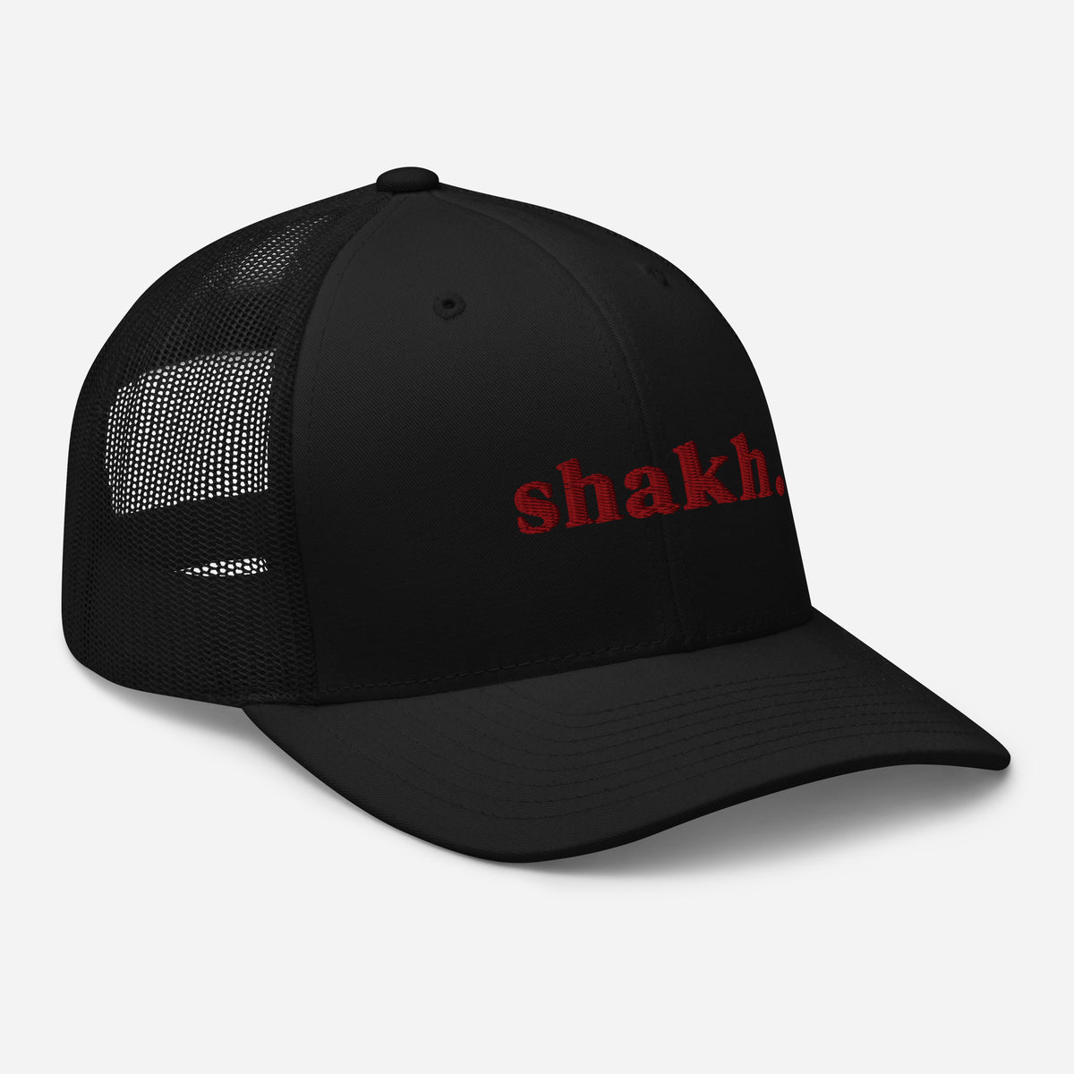 Wordmark Rouge embroidered trucker cap, black — right front