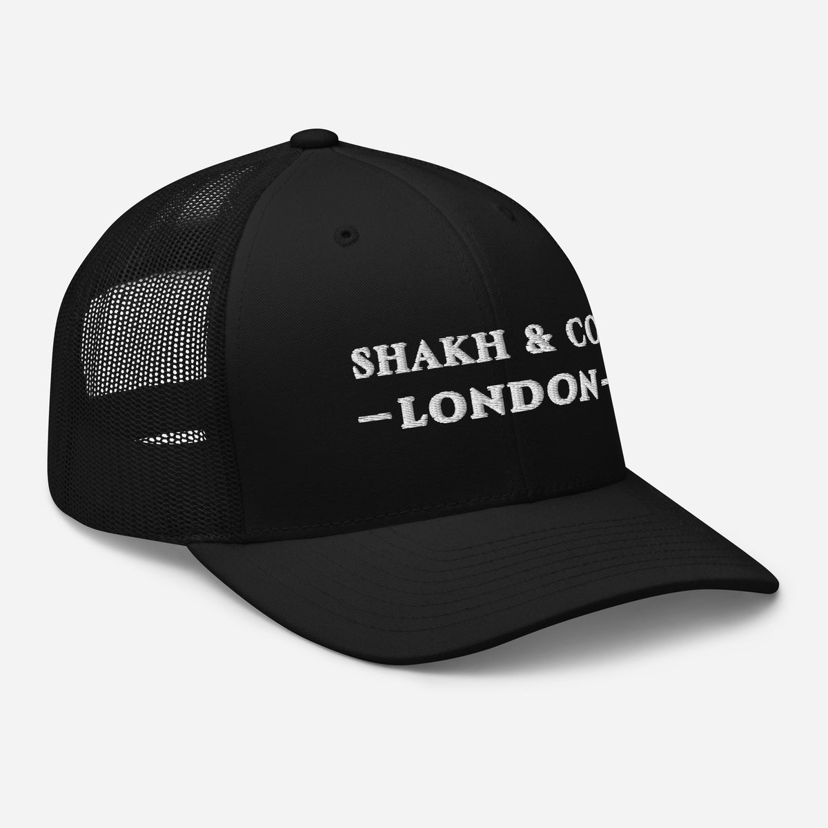 Shakh & Co. London embroidered trucker cap, black — right front