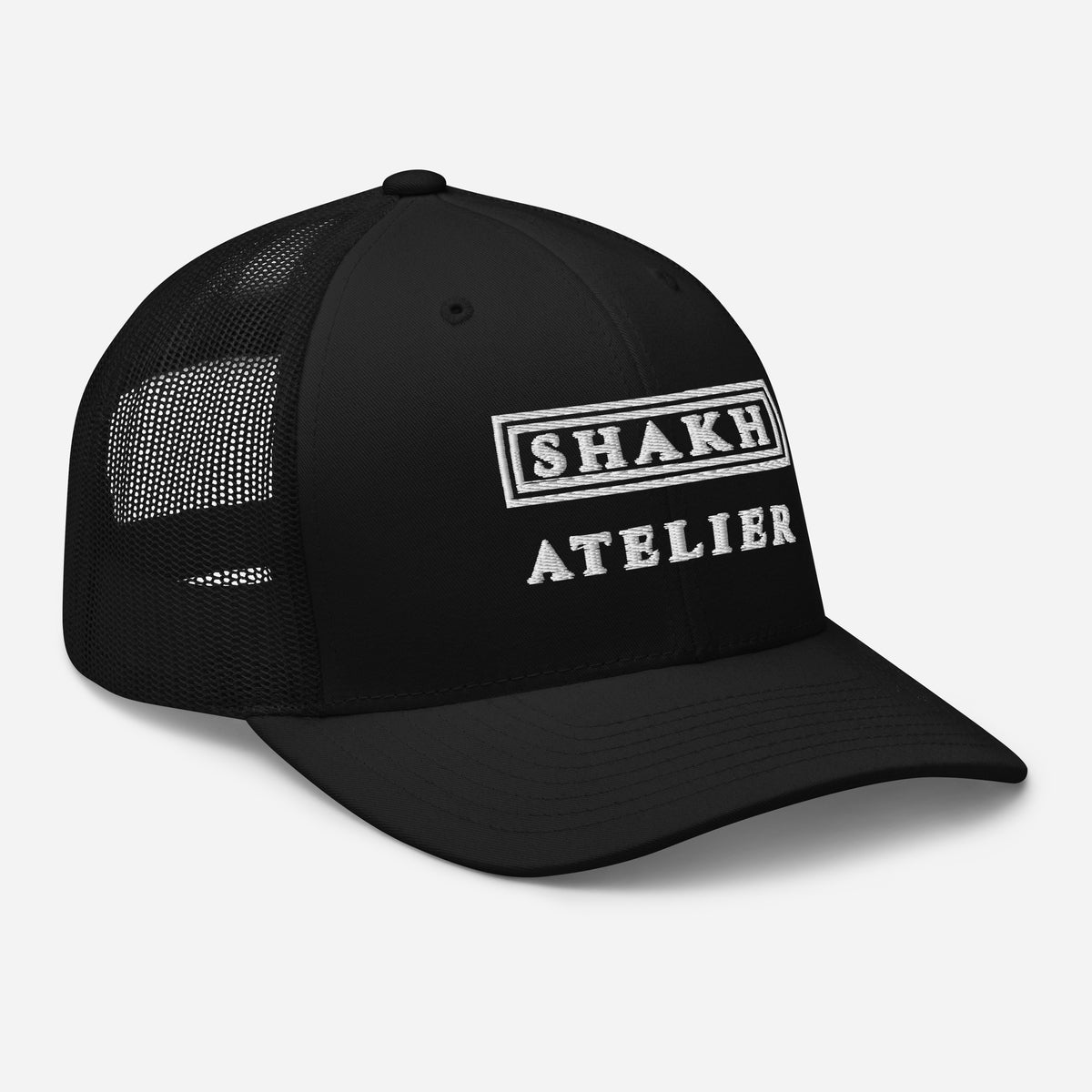 Ivory Atelier embroidered trucker cap, black — right front