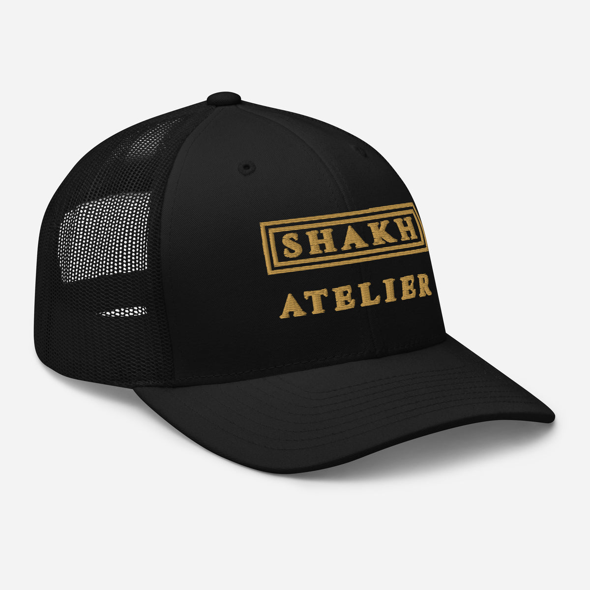 Gilded Atelier embroidered trucker cap, black — right front