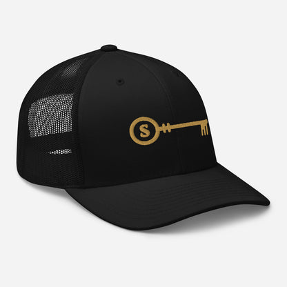 The Key embroidered trucker cap, black — right front