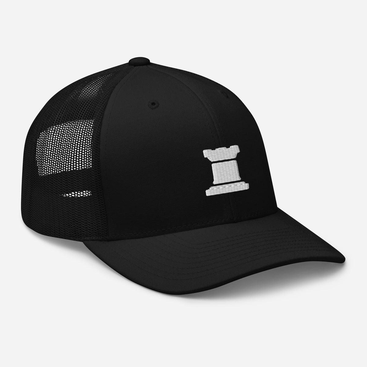 The Rook embroidered trucker cap, black — right front