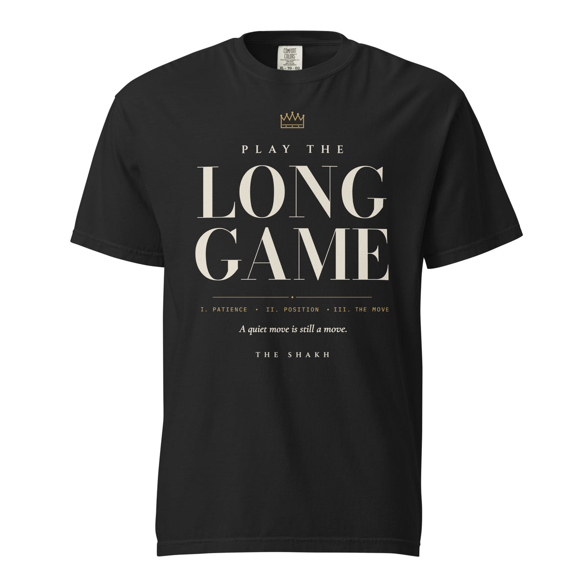 Play the Long Game heavyweight garment-dyed t-shirt, black — front