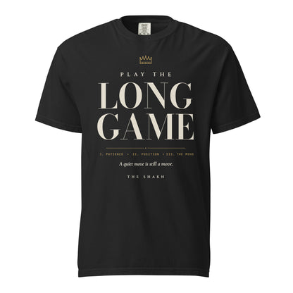 Play the Long Game heavyweight garment-dyed t-shirt, black — front